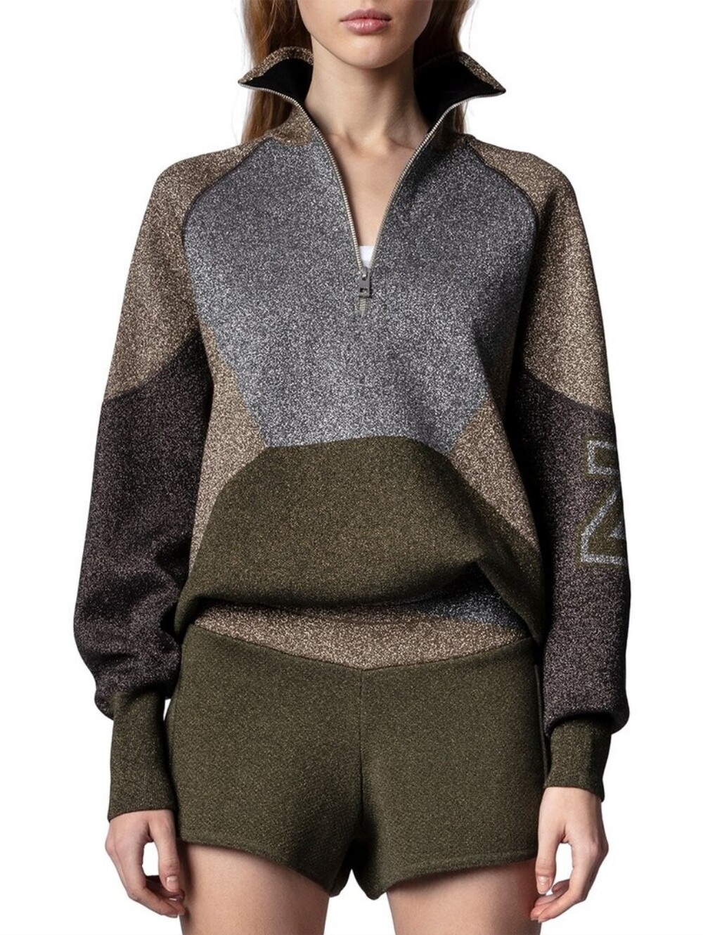 Zadig & Voltaire Ross Lurex Metallic Colorblock Zip Sweater - Size S